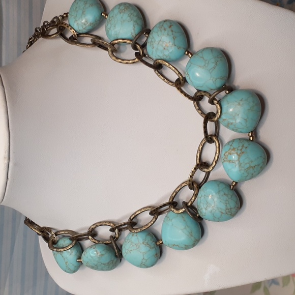 Premier Designs Faux Turquoise Bead Brass Chain Necklace - Picture 1 of 5